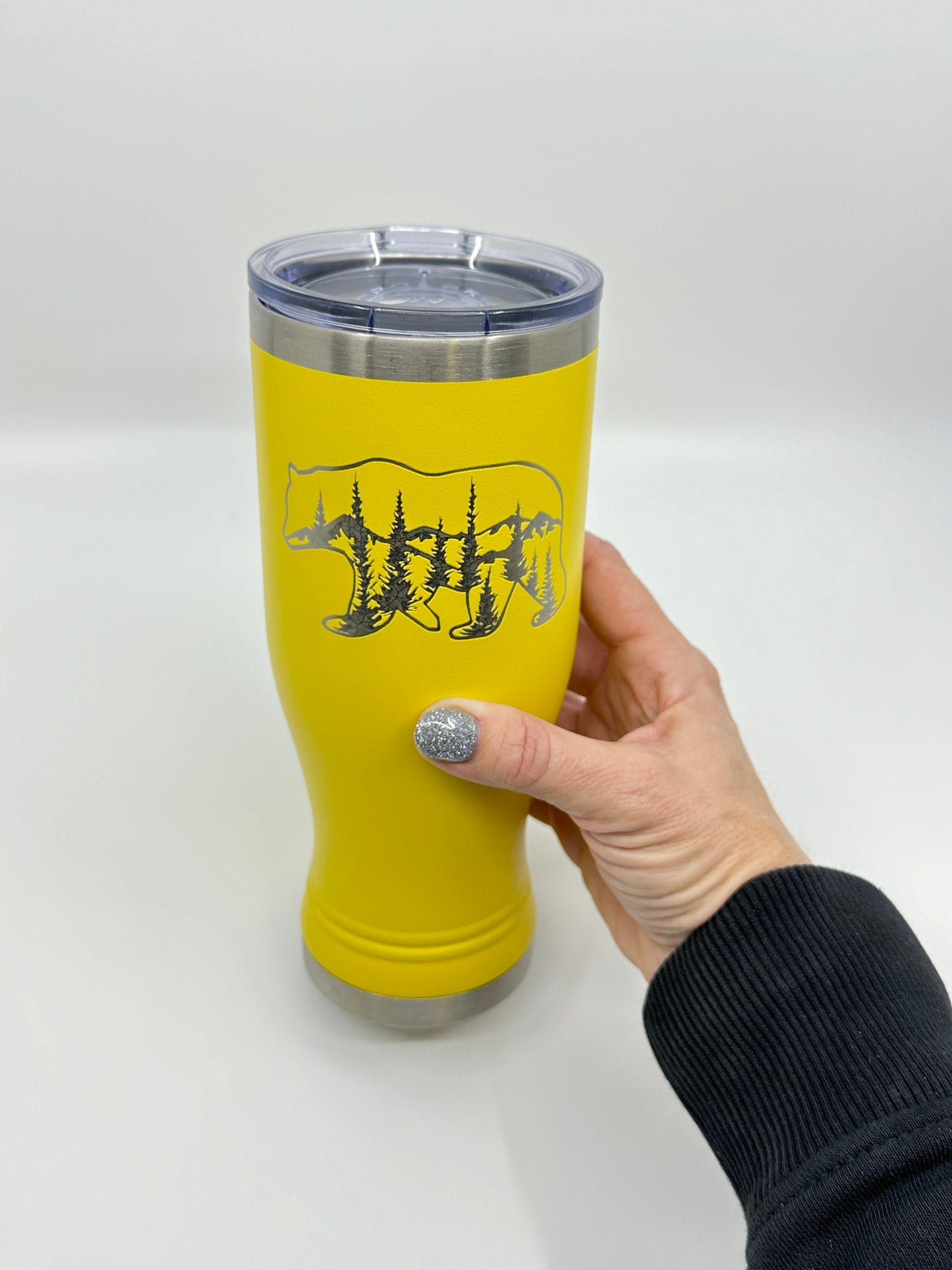 Engraved Pilsner with Bear, Mountains and Trees 20 OZ insulated Pilsner with Lid and Option to Personalize