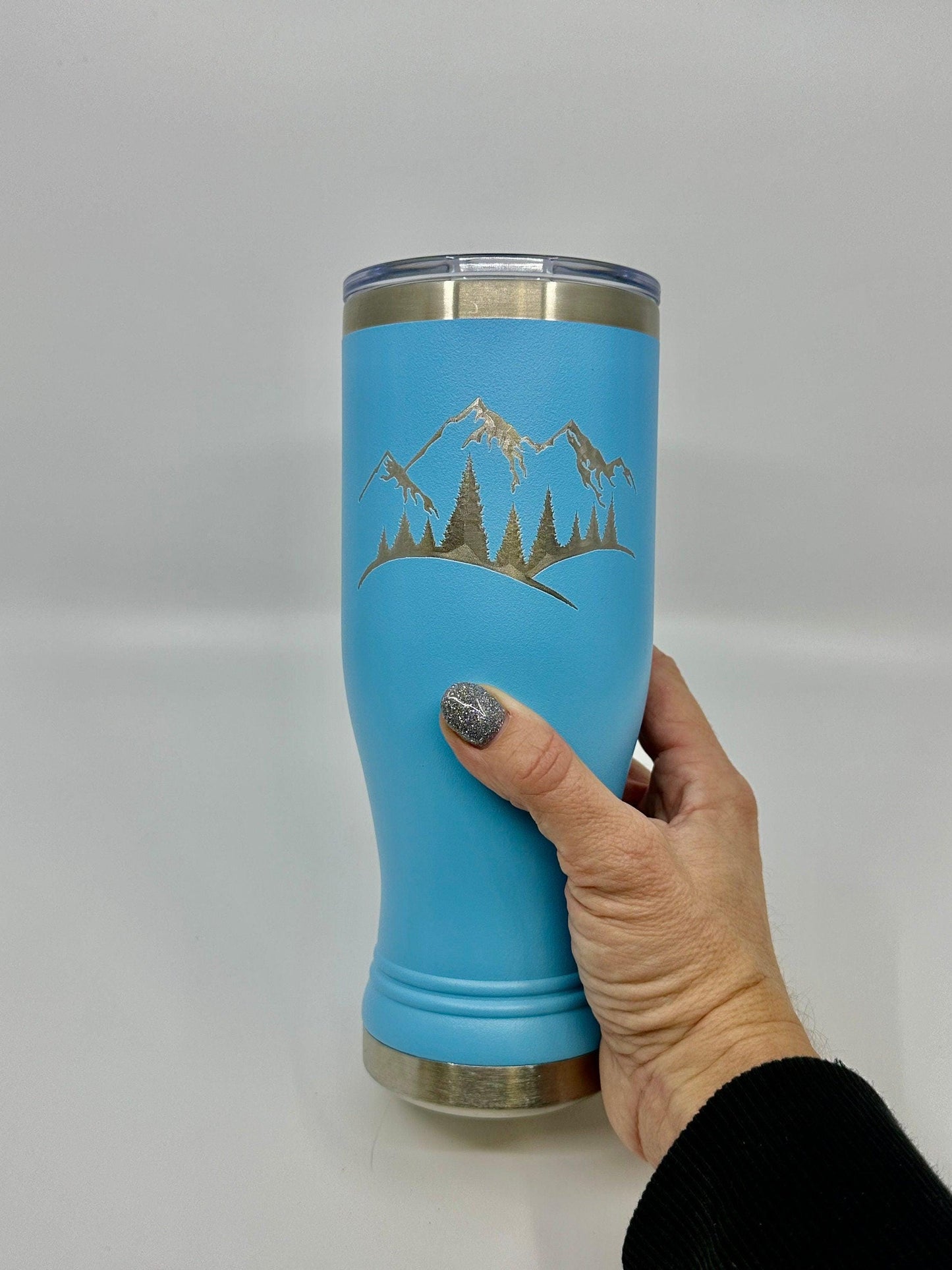 Engraved Pilsner with Snow Capped Mountain 20 OZ insulated Pilsner with Lid and Option to Personalize