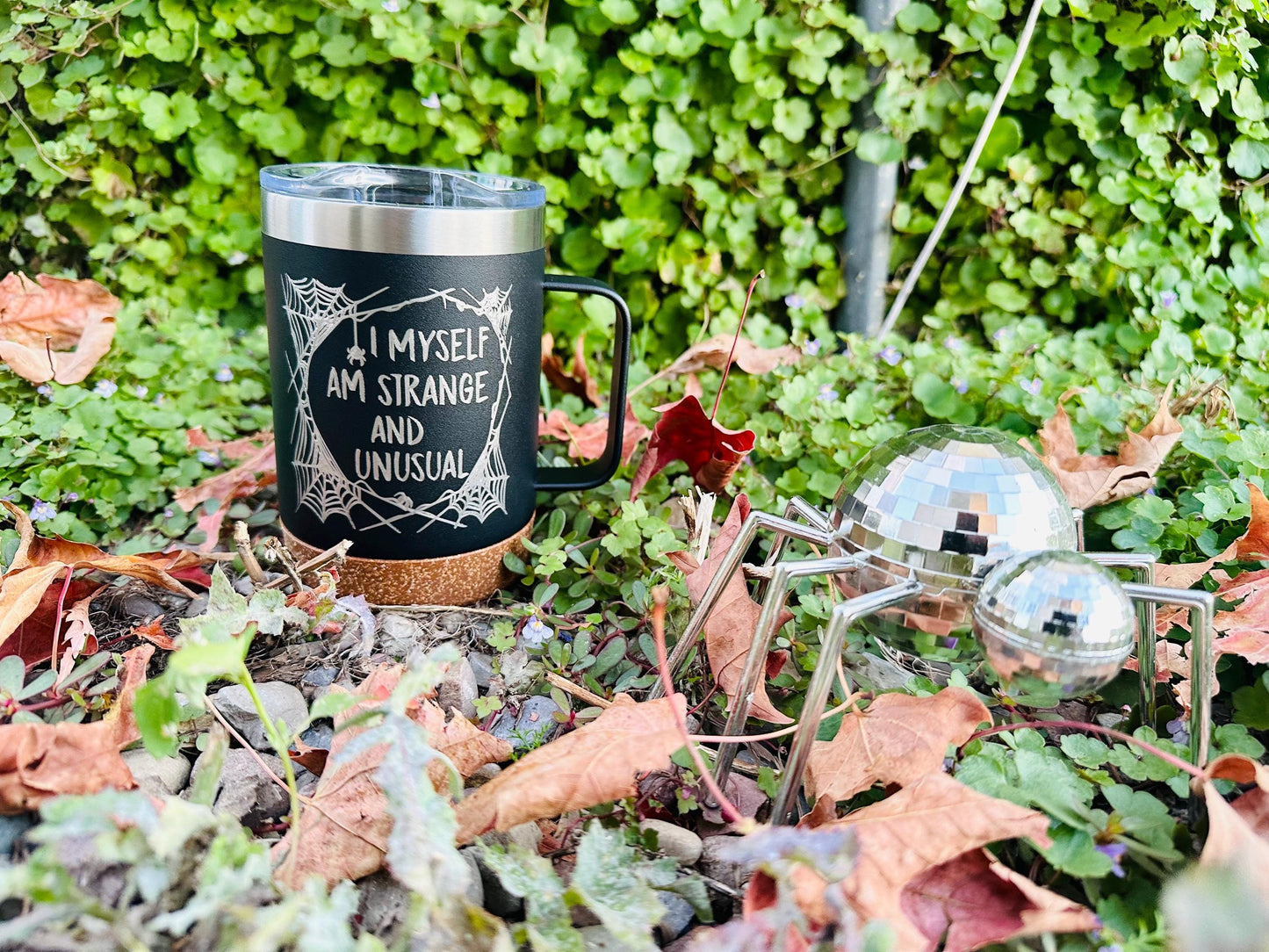Beetlejuice | I myself am strange and unusual etched 16 OZ - cork bottom - insulated coffee mug cup w|handle and lid - Option to Personalize