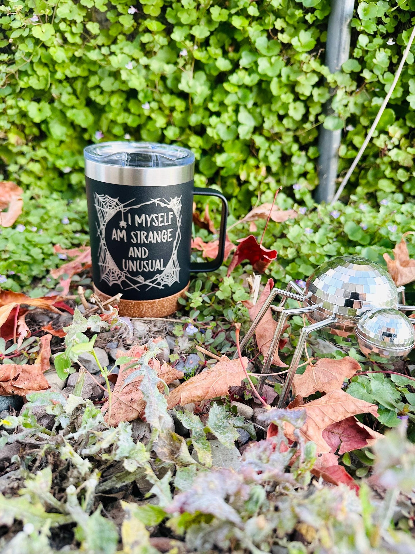 Beetlejuice | I myself am strange and unusual etched 16 OZ - cork bottom - insulated coffee mug cup w|handle and lid - Option to Personalize