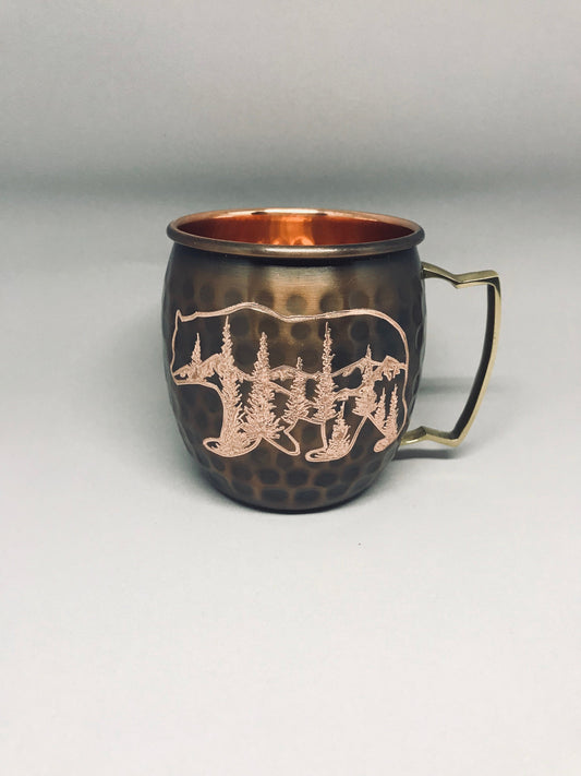 Grizzly Bear  with mountains and trees Moscow Mule Mug | Bear Gift | Montana Gift | Wedding Gift | Anniversary Gift | Copper Gift | Bride