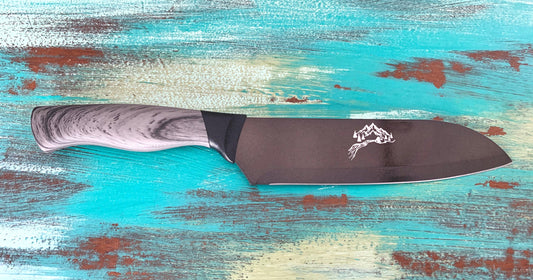 Chefs Knife Engraved with Mountains, tent and stream | Happy Camper