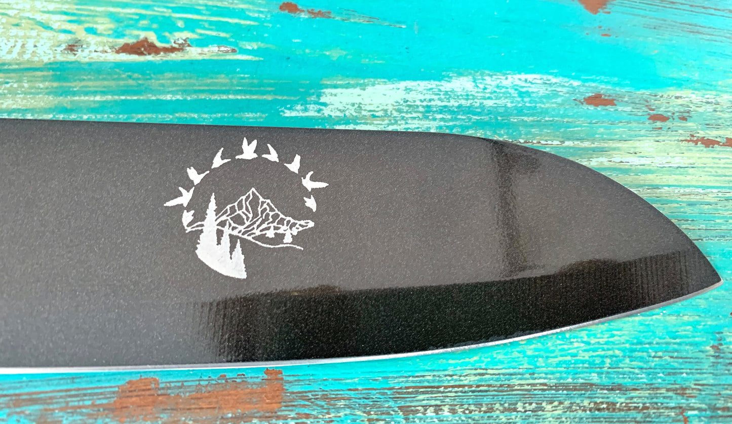 Chefs Knife Engraved with Birds in Flight over Mountains and Trees