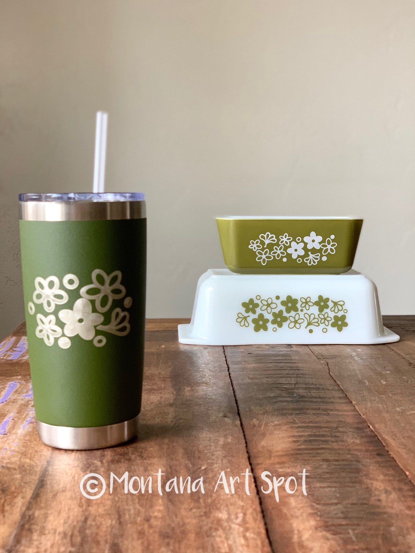 Pyrex Spring Blossom Inspired 20 OZ insulated Tumbler with Lid and Option to Personalize