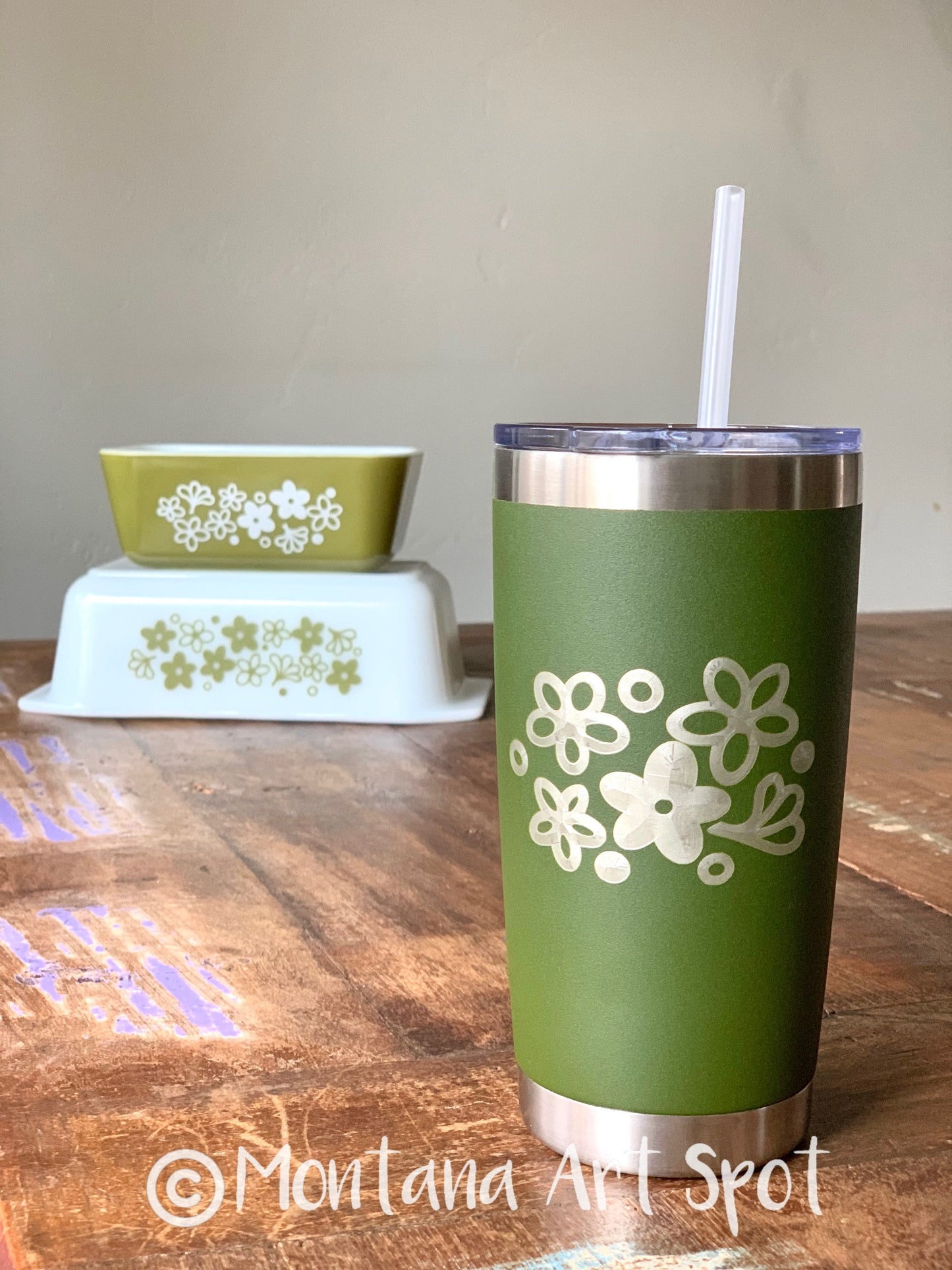 Pyrex Spring Blossom Inspired 20 OZ insulated Tumbler with Lid and Option to Personalize