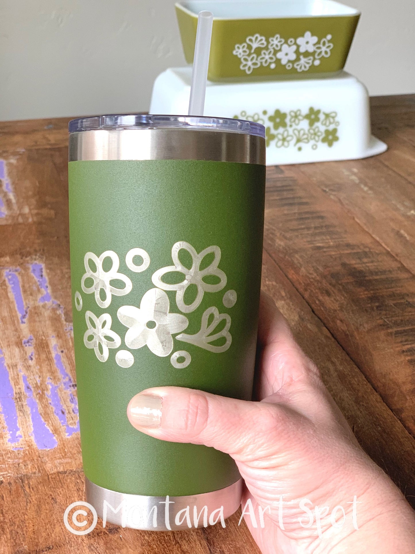 Pyrex Spring Blossom Inspired 20 OZ insulated Tumbler with Lid and Option to Personalize