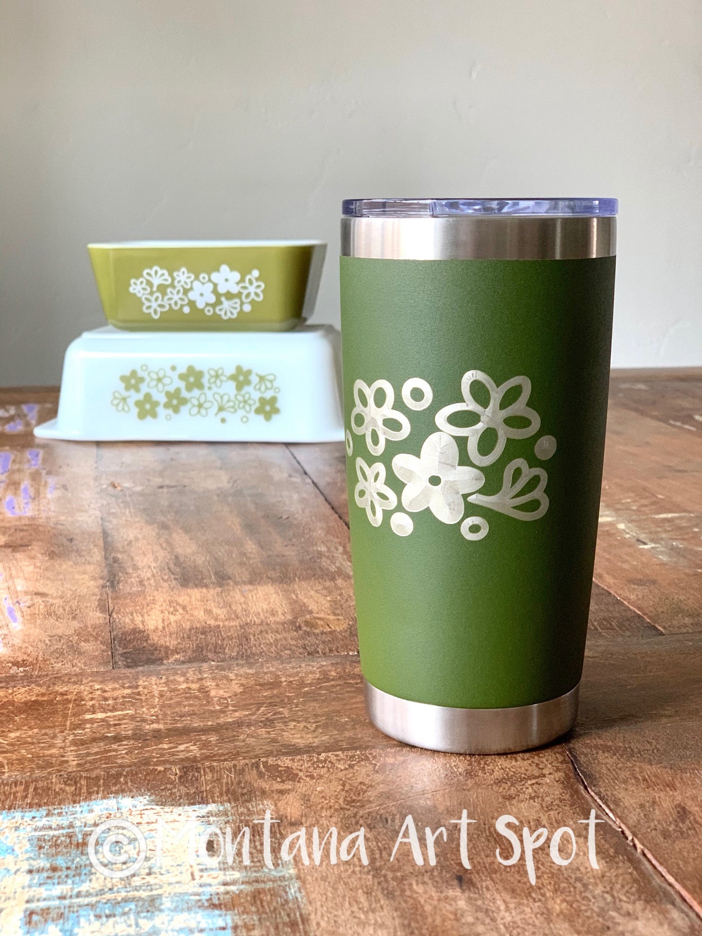 Pyrex Spring Blossom Inspired 20 OZ insulated Tumbler with Lid and Option to Personalize