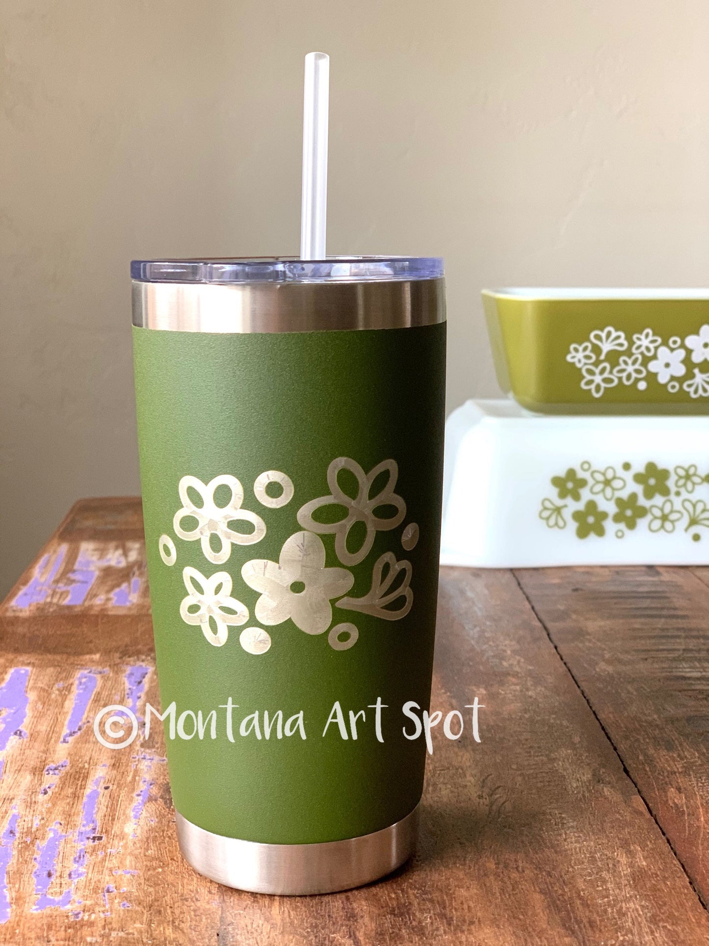 Pyrex Spring Blossom Inspired 20 OZ insulated Tumbler with Lid and Option to Personalize