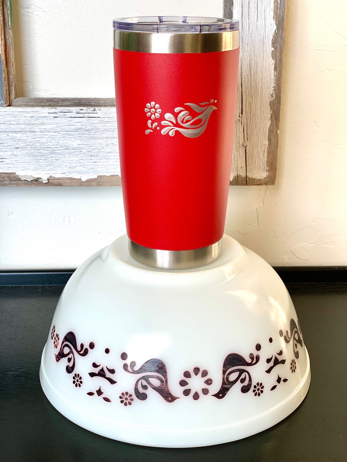 Pyrex Friendship Inspired 20 OZ insulated Tumbler with Lid and Option to Personalize