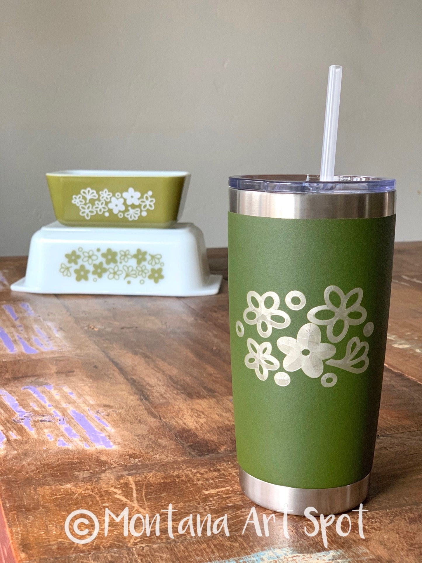 Pyrex Spring Blossom Inspired 20 OZ insulated Tumbler with Lid and Option to Personalize