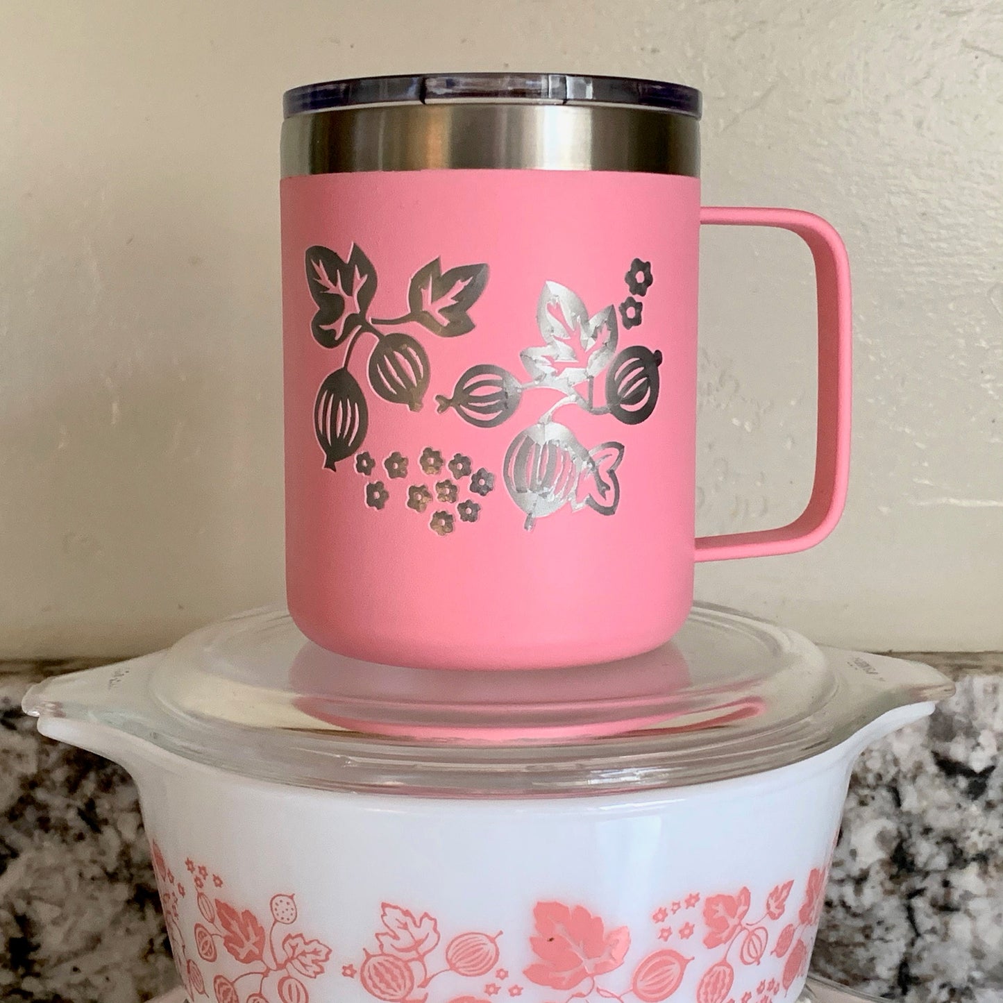 Pyrex Gooseberry Inspired 12 OZ insulated coffee mug cup with handle and lid - Option to Personalize - Pyrex dishes not included