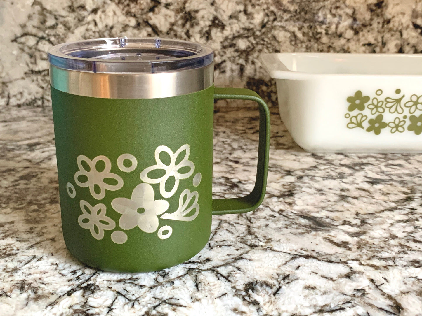 Pyrex Spring Blossom Inspired 14 OZ insulated coffee mug cup with handle and lid - Option to Personalize