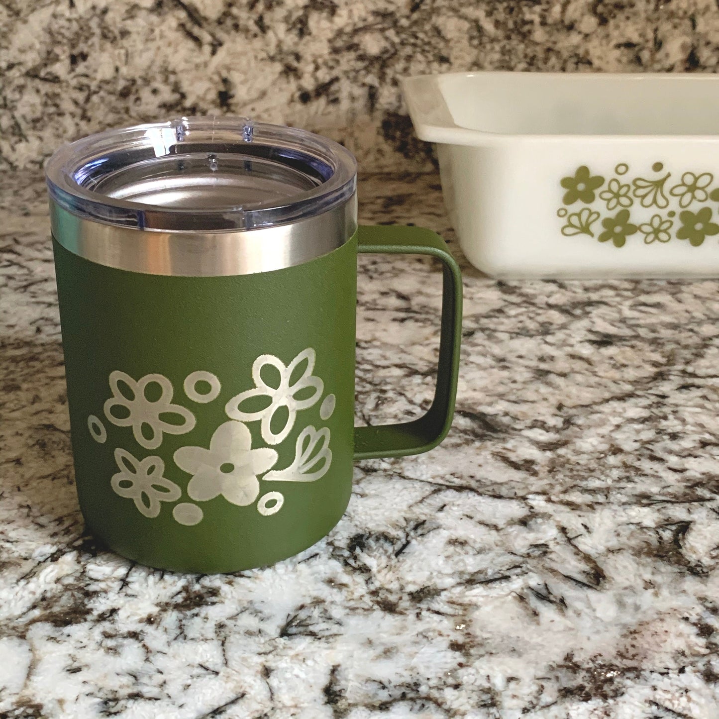 Pyrex Spring Blossom Inspired 14 OZ insulated coffee mug cup with handle and lid - Option to Personalize