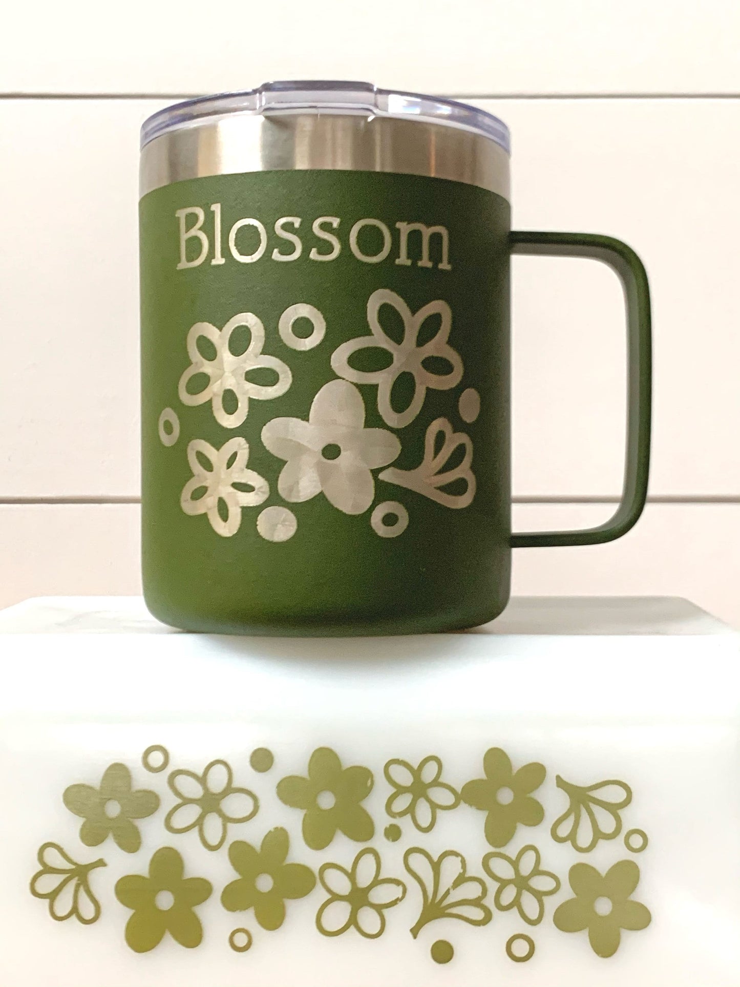 Pyrex Spring Blossom Inspired 12 OZ insulated coffee mug cup with handle and lid - Option to Personalize