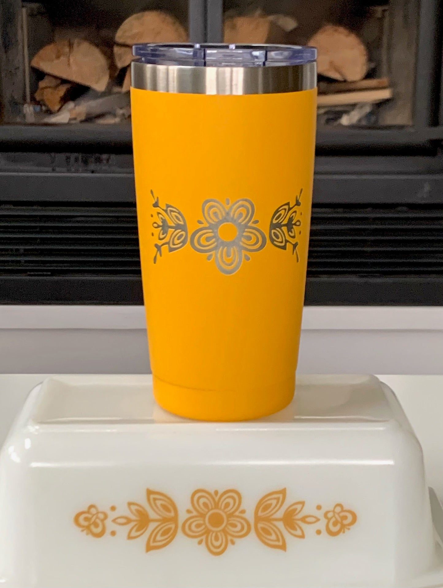 Pyrex Butterfly Gold Inspired 20 OZ insulated Tumbler with Lid and Option to Personalize