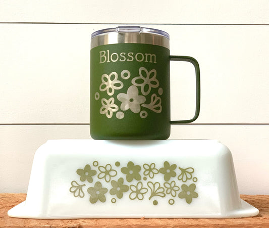 Pyrex Spring Blossom Inspired 12 OZ insulated coffee mug cup with handle and lid - Option to Personalize