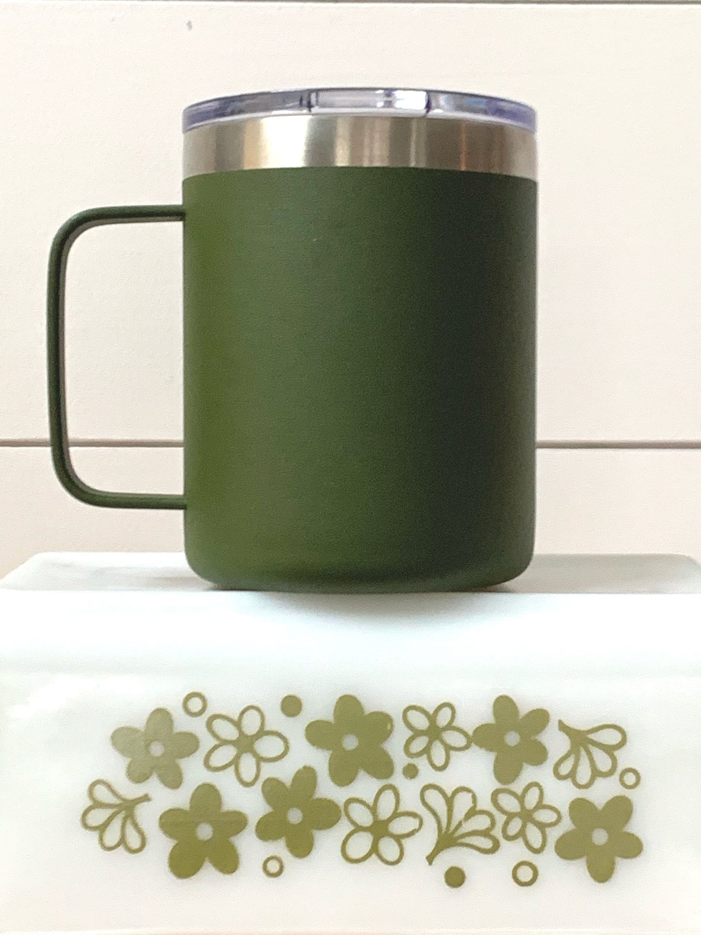 Pyrex Spring Blossom Inspired 12 OZ insulated coffee mug cup with handle and lid - Option to Personalize