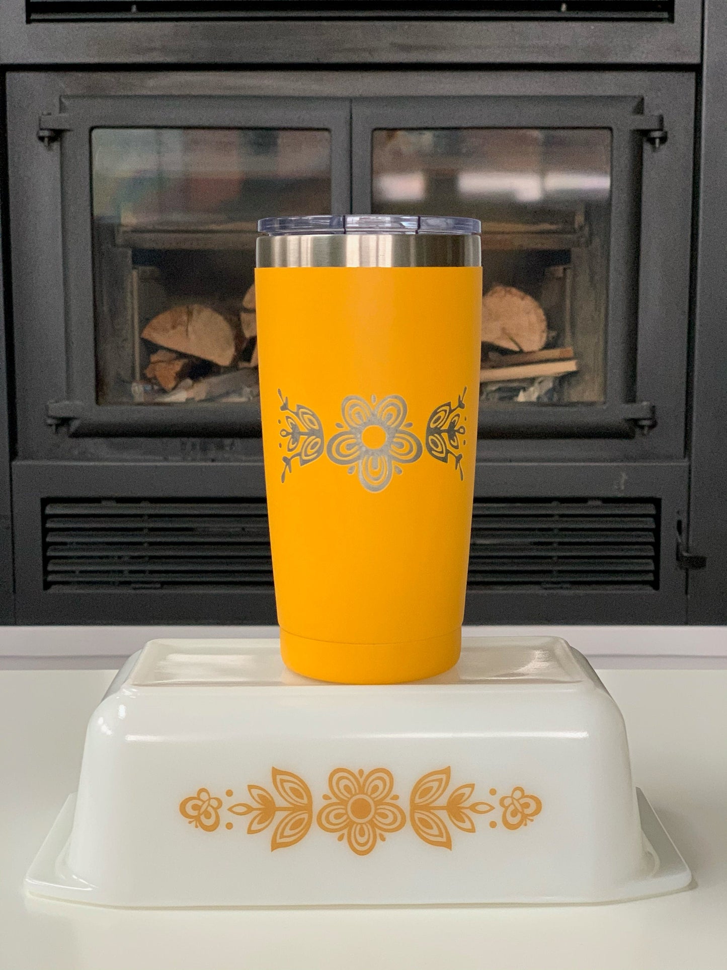 Pyrex Butterfly Gold Inspired 20 OZ insulated Tumbler with Lid and Option to Personalize