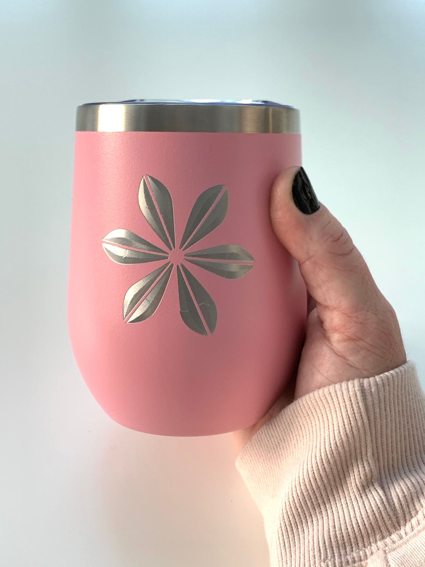 Pink Cathrineholm Lotus Inspired Insulated Wine Glass | 12 OZ Stainless Steel Double Wall insulated wine cup with lid - Personalize