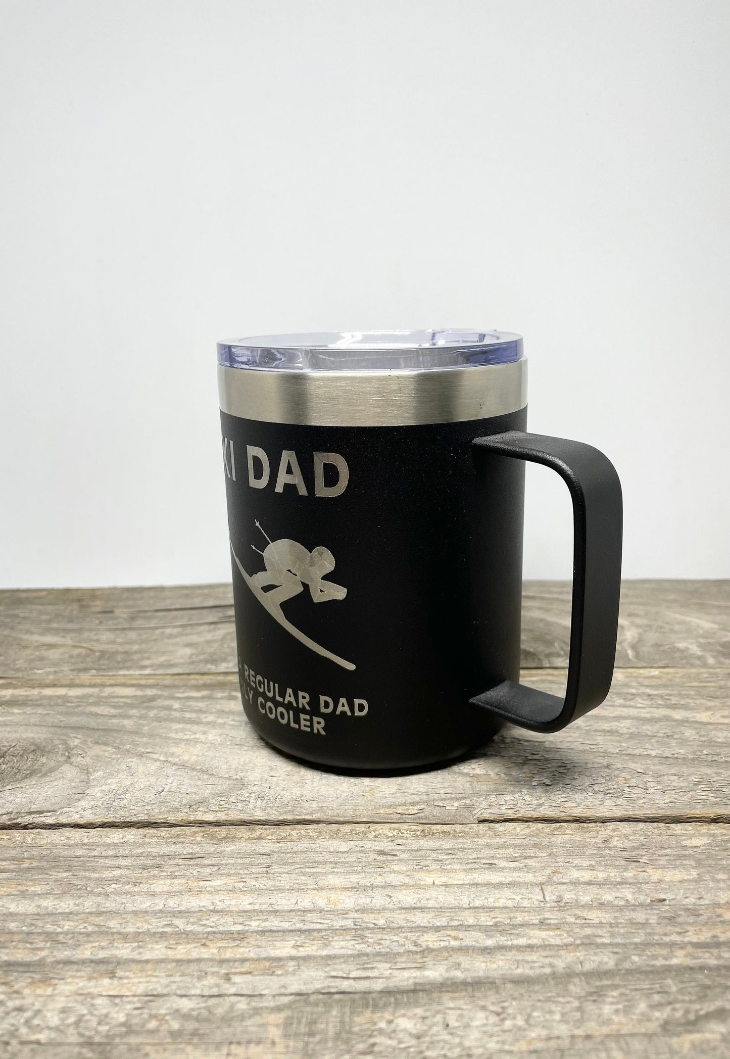 Ski Dad 12 OZ insulated coffee mug cup with handle and lid - Option to Personalize