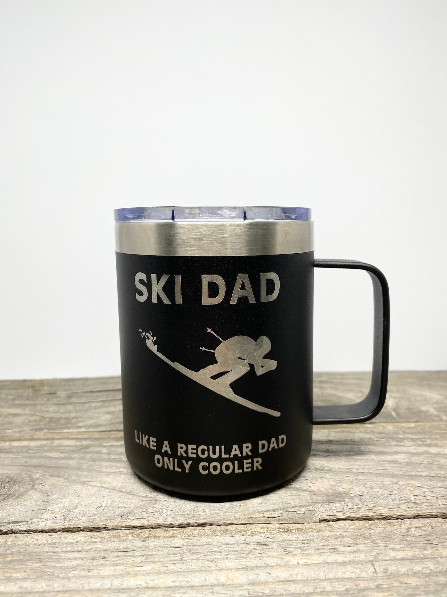 Ski Dad 12 OZ insulated coffee mug cup with handle and lid - Option to Personalize