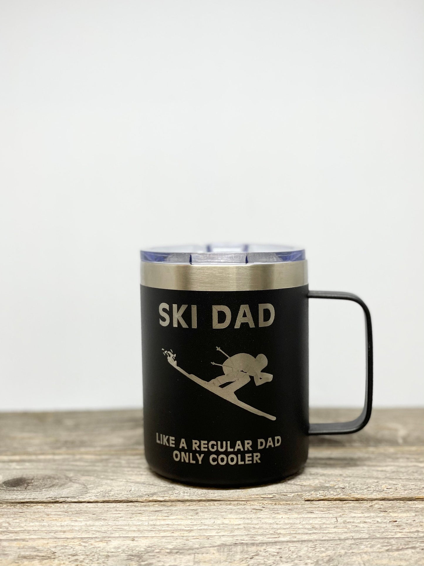 Ski Dad 12 OZ insulated coffee mug cup with handle and lid - Option to Personalize