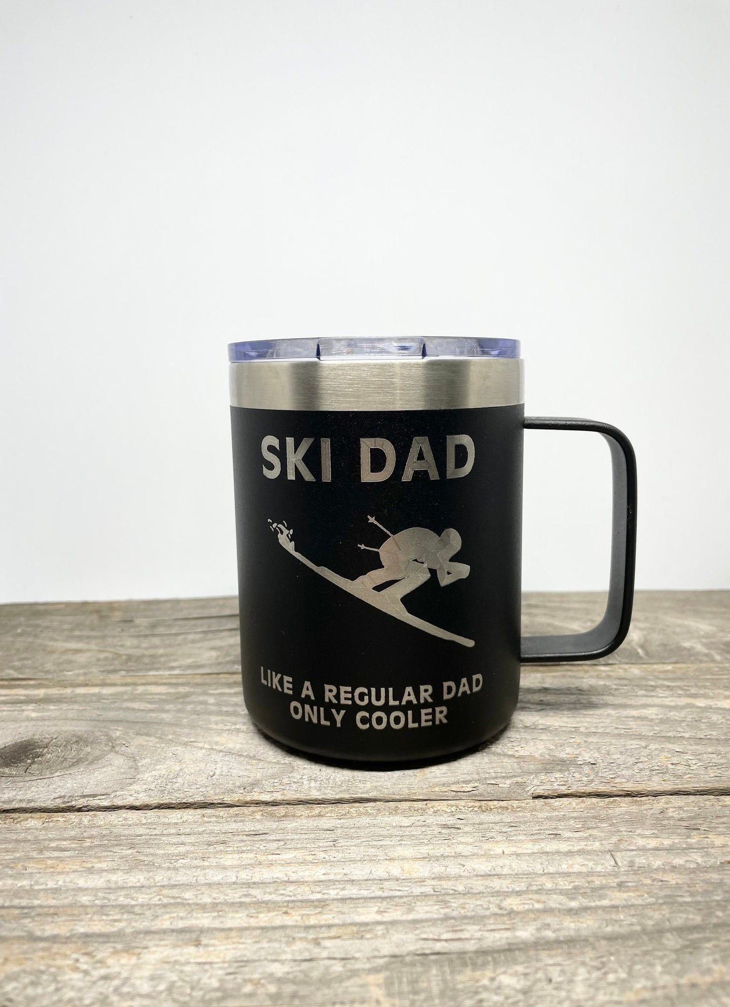 Ski Dad 12 OZ insulated coffee mug cup with handle and lid - Option to Personalize