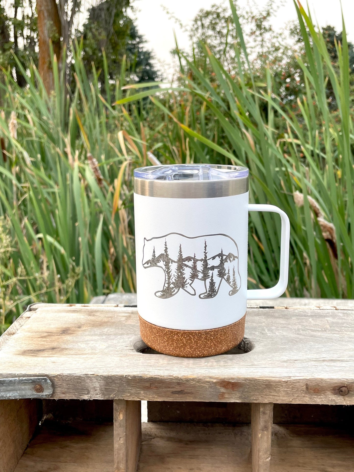 Insulated Cork Bottom Coffee Mug - Bear with mountains and trees etched 16 OZ - Option to Personalize - WHITE