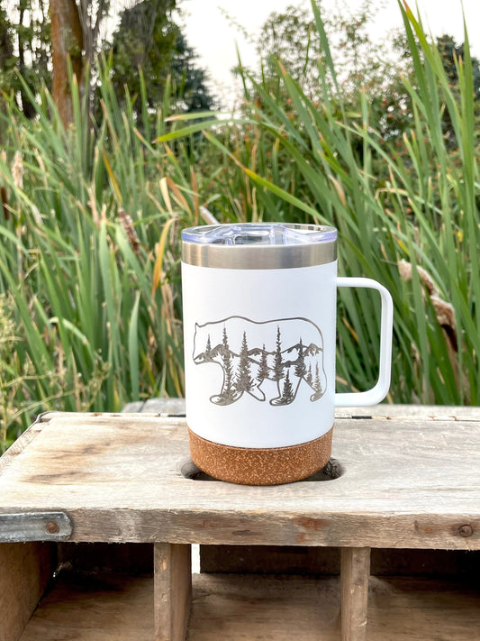 Insulated Cork Bottom Coffee Mug - Bear with mountains and trees etched 16 OZ - Option to Personalize - WHITE