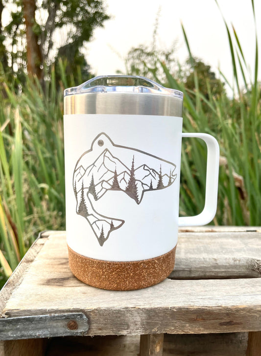 Insulated Cork Bottom Coffee Mug - Fish with mountains and trees etched 16 OZ - Option to Personalize - WHITE