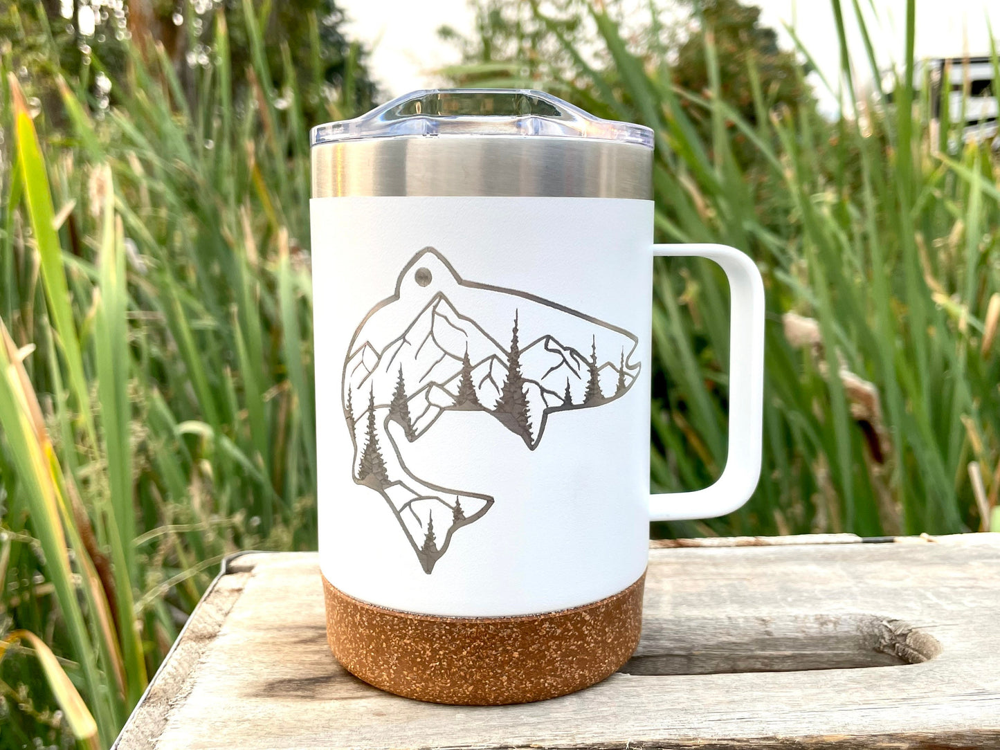 Insulated Cork Bottom Coffee Mug - Fish with mountains and trees etched 16 OZ - Option to Personalize - WHITE