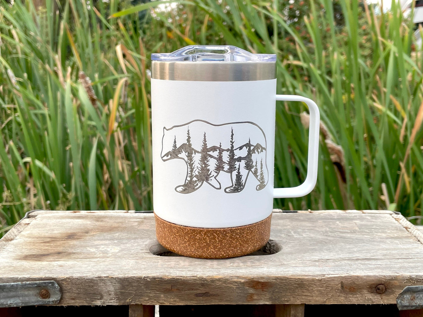 Insulated Cork Bottom Coffee Mug - Bear with mountains and trees etched 16 OZ - Option to Personalize - WHITE