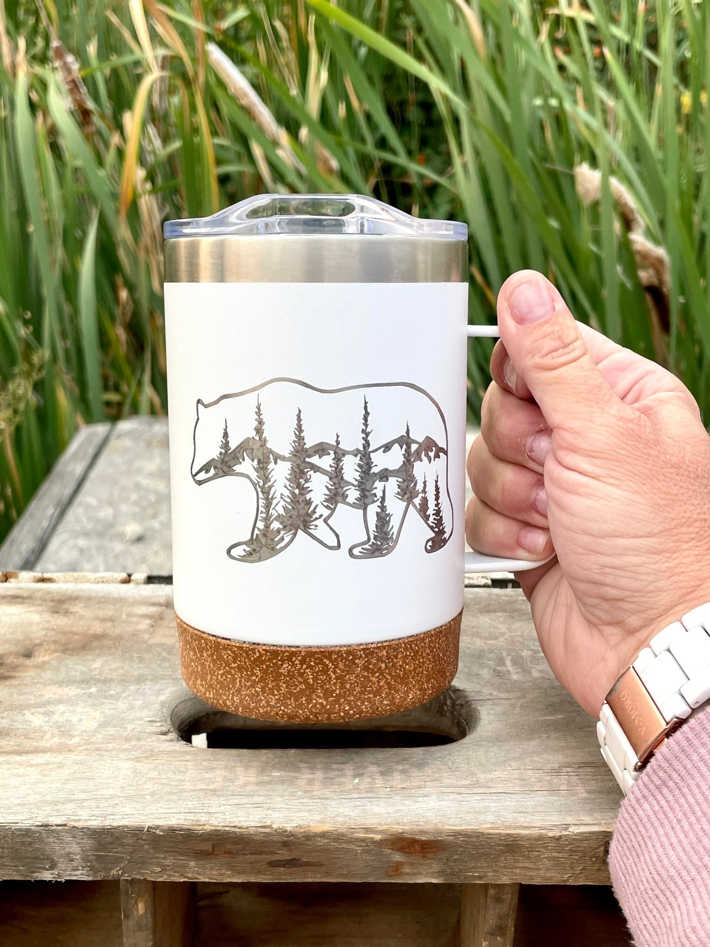 Insulated Cork Bottom Coffee Mug - Bear with mountains and trees etched 16 OZ - Option to Personalize - WHITE