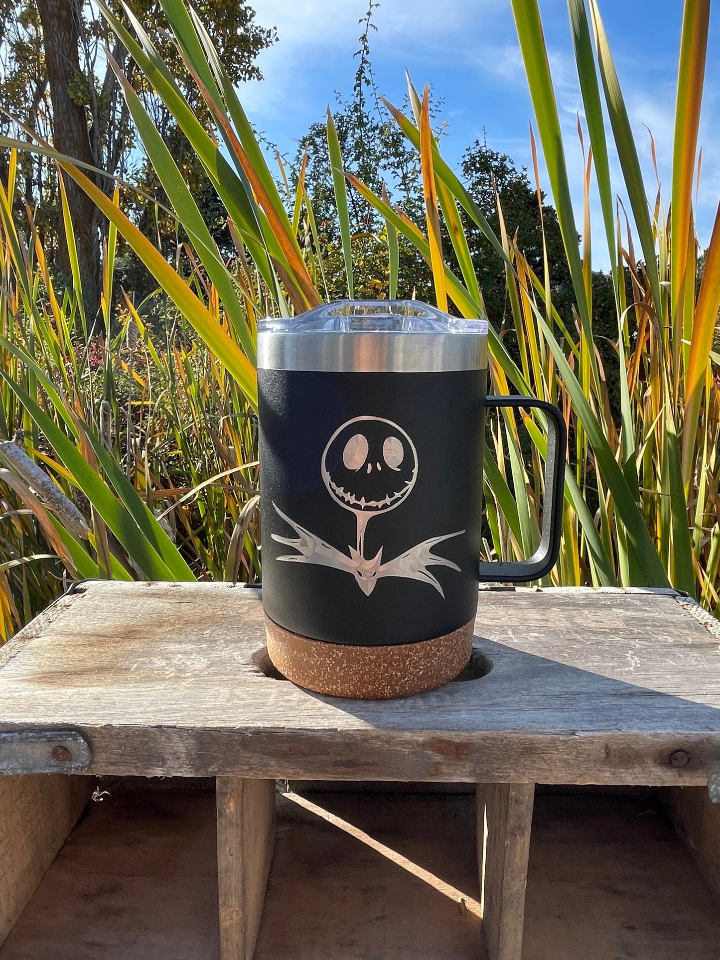 Nightmare before Christmas | Jack Skellington etched 16 OZ - cork bottom - insulated coffee mug cup w|handle and lid - Option to Personalize