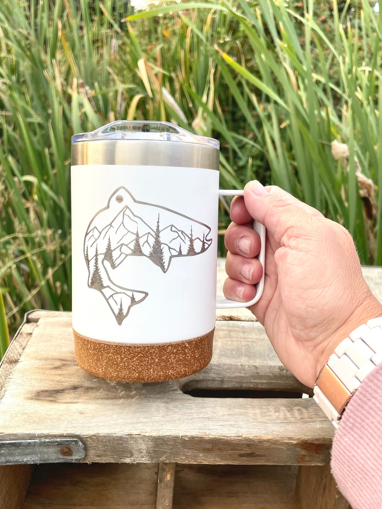 Insulated Cork Bottom Coffee Mug - Fish with mountains and trees etched 16 OZ - Option to Personalize - WHITE