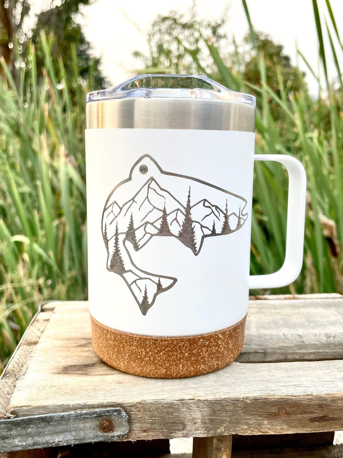 Insulated Cork Bottom Coffee Mug - Fish with mountains and trees etched 16 OZ - Option to Personalize - WHITE