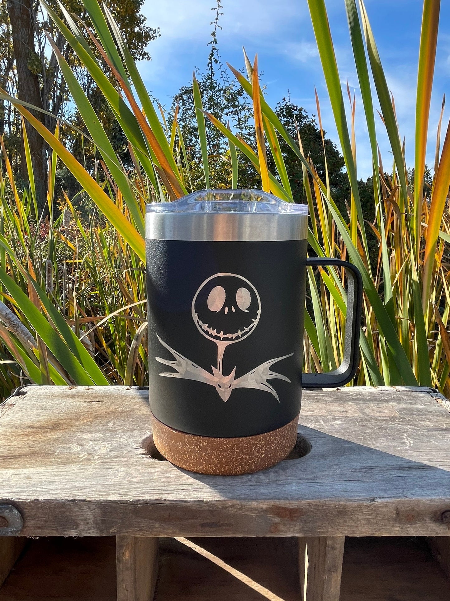 Nightmare before Christmas | Jack Skellington etched 16 OZ - cork bottom - insulated coffee mug cup w|handle and lid - Option to Personalize