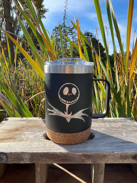 Nightmare before Christmas | Jack Skellington etched 16 OZ - cork bottom - insulated coffee mug cup w|handle and lid - Option to Personalize