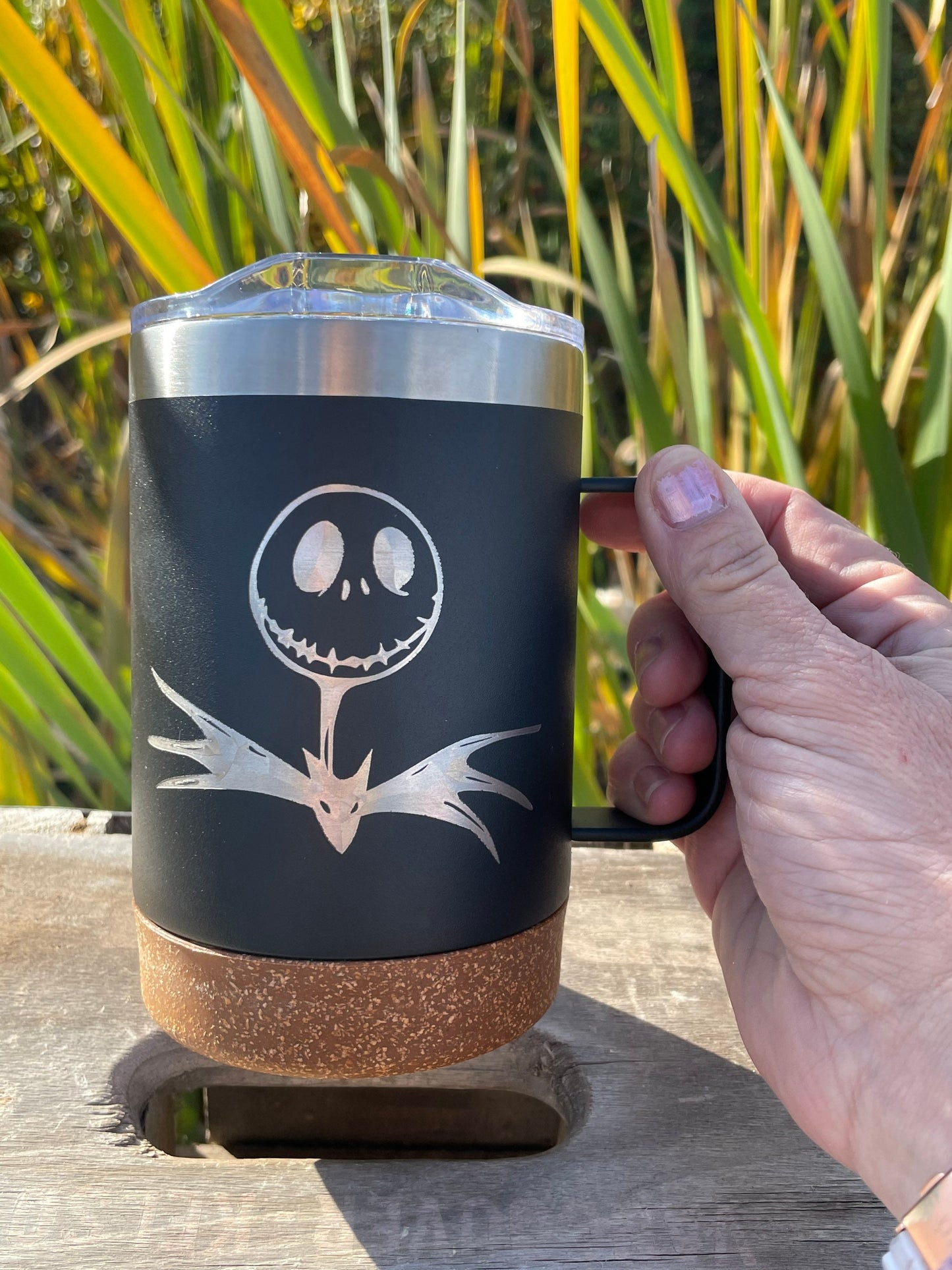 Nightmare before Christmas | Jack Skellington etched 16 OZ - cork bottom - insulated coffee mug cup w|handle and lid - Option to Personalize