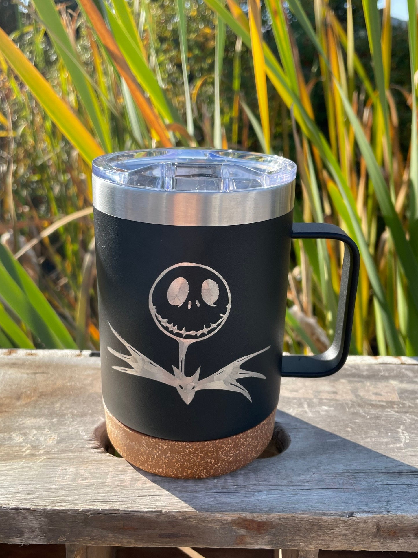 Nightmare before Christmas | Jack Skellington etched 16 OZ - cork bottom - insulated coffee mug cup w|handle and lid - Option to Personalize