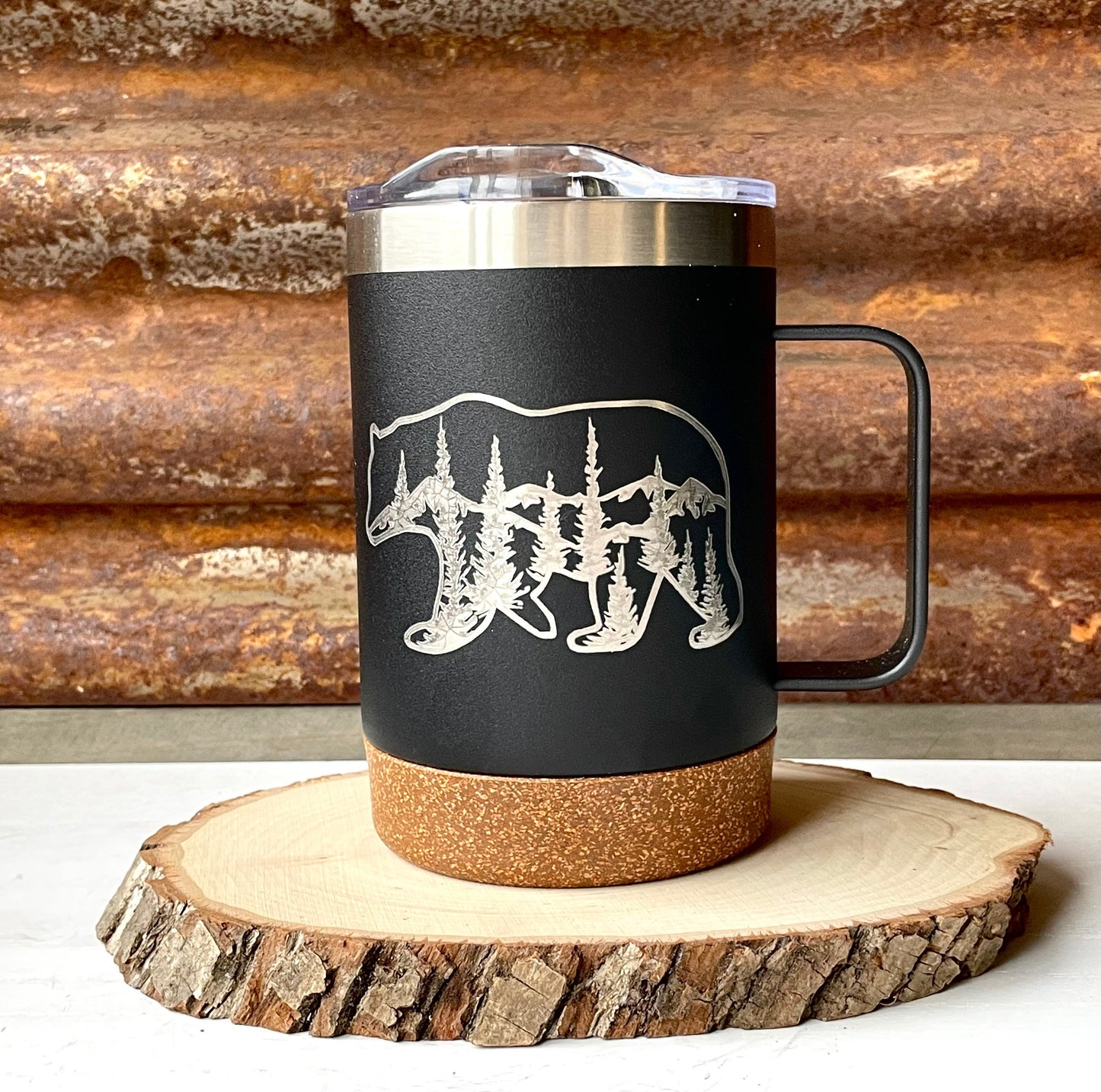 Insulated Cork Bottom Coffee Mug - Bear with mountains and trees etched 16 OZ - Option to Personalize - BLACK