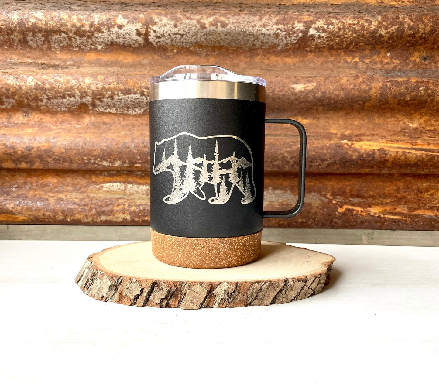 Insulated Cork Bottom Coffee Mug - Bear with mountains and trees etched 16 OZ - Option to Personalize - BLACK