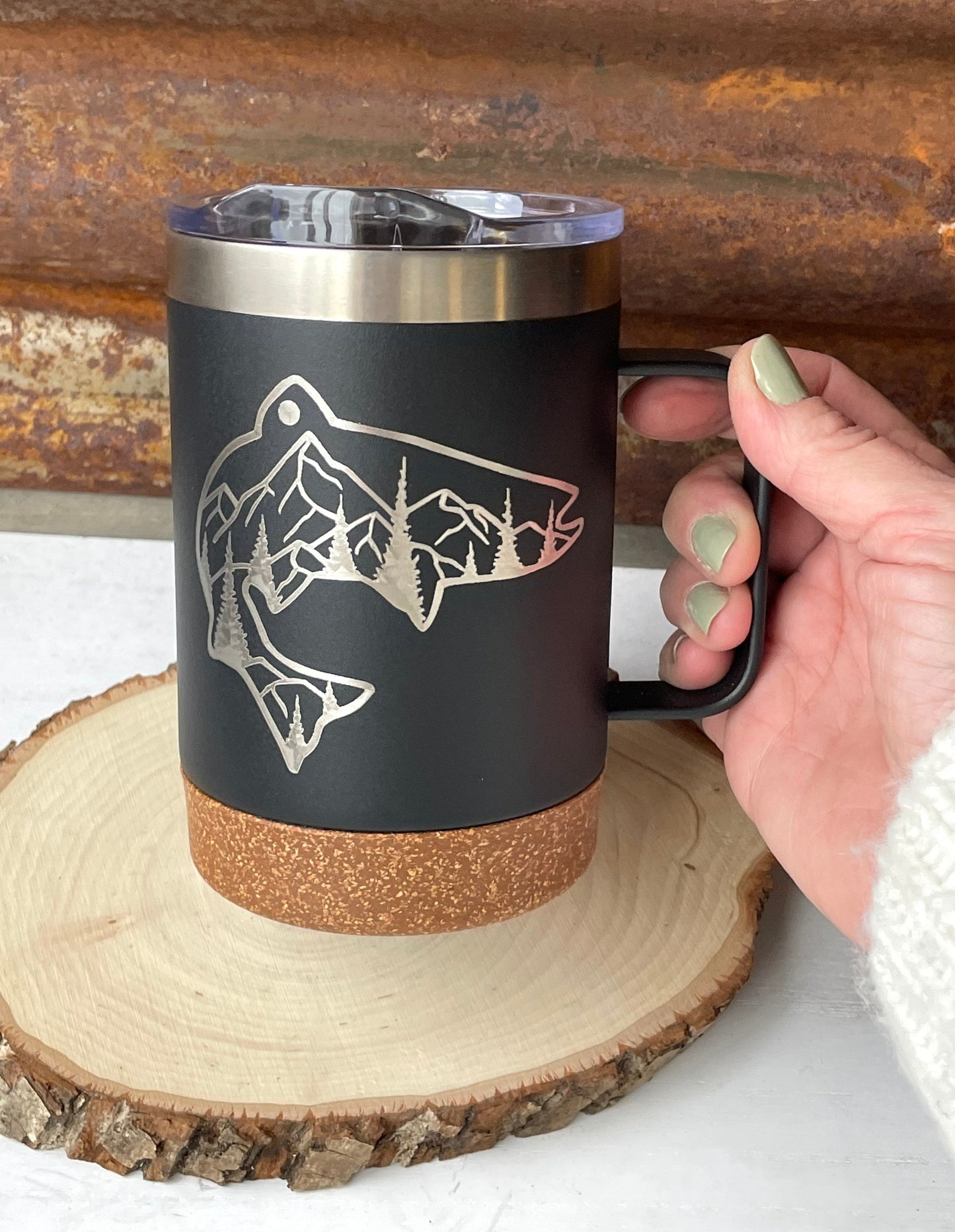 Insulated Cork Bottom Coffee Mug - Fish with mountains and trees etched 16 OZ - Option to Personalize - BLACK