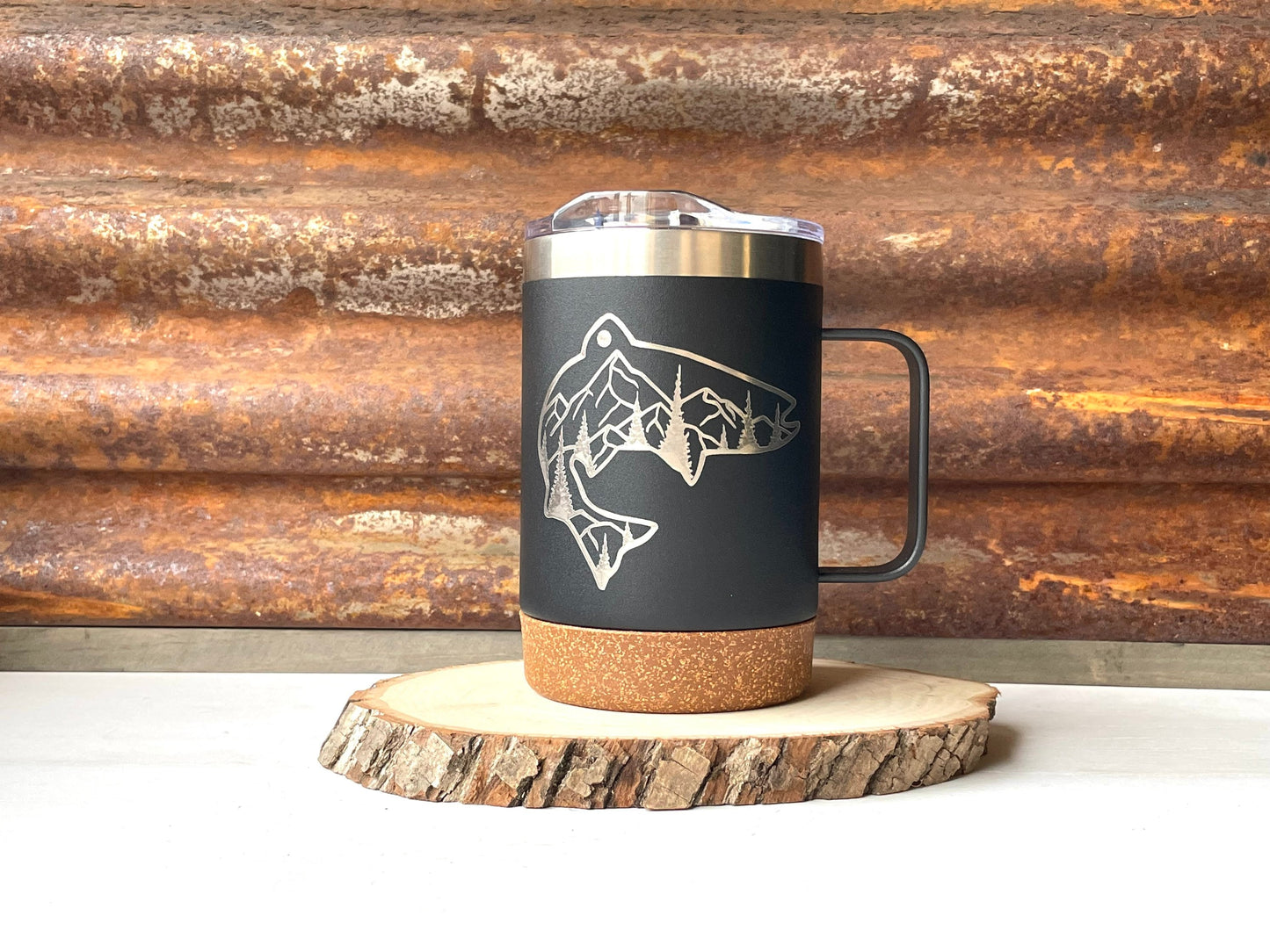 Insulated Cork Bottom Coffee Mug - Fish with mountains and trees etched 16 OZ - Option to Personalize - BLACK