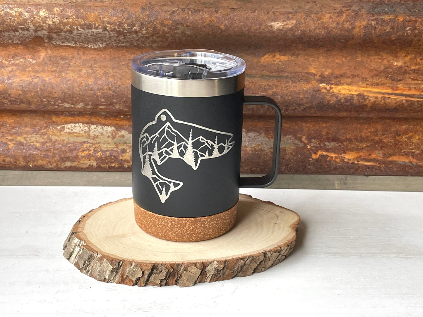 Insulated Cork Bottom Coffee Mug - Fish with mountains and trees etched 16 OZ - Option to Personalize - BLACK