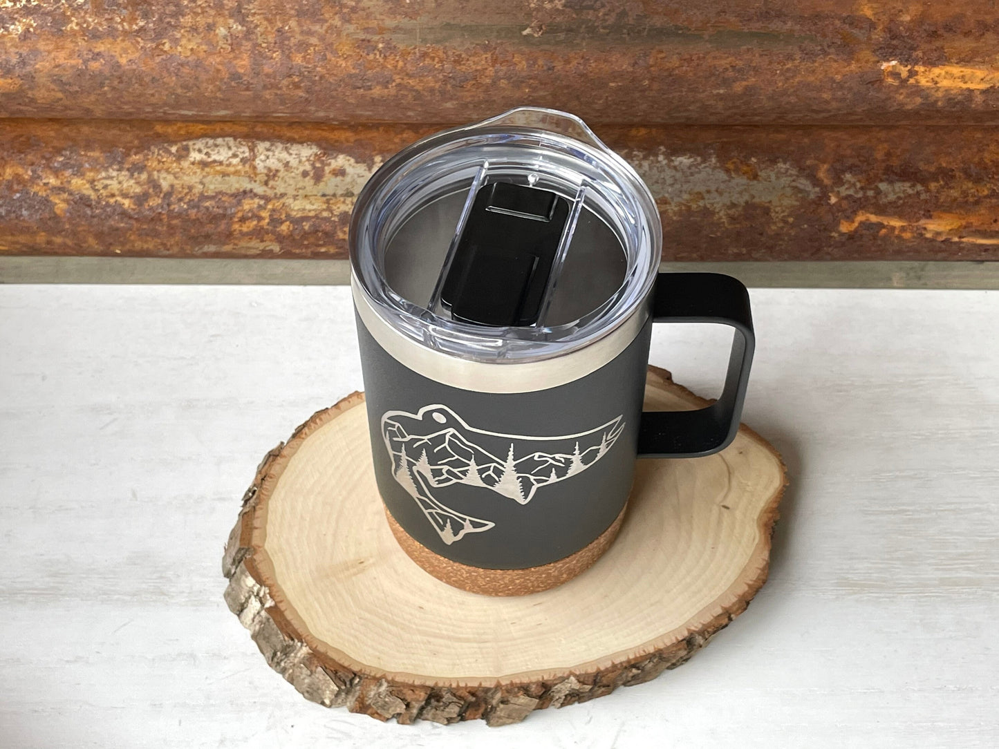 Insulated Cork Bottom Coffee Mug - Fish with mountains and trees etched 16 OZ - Option to Personalize - BLACK