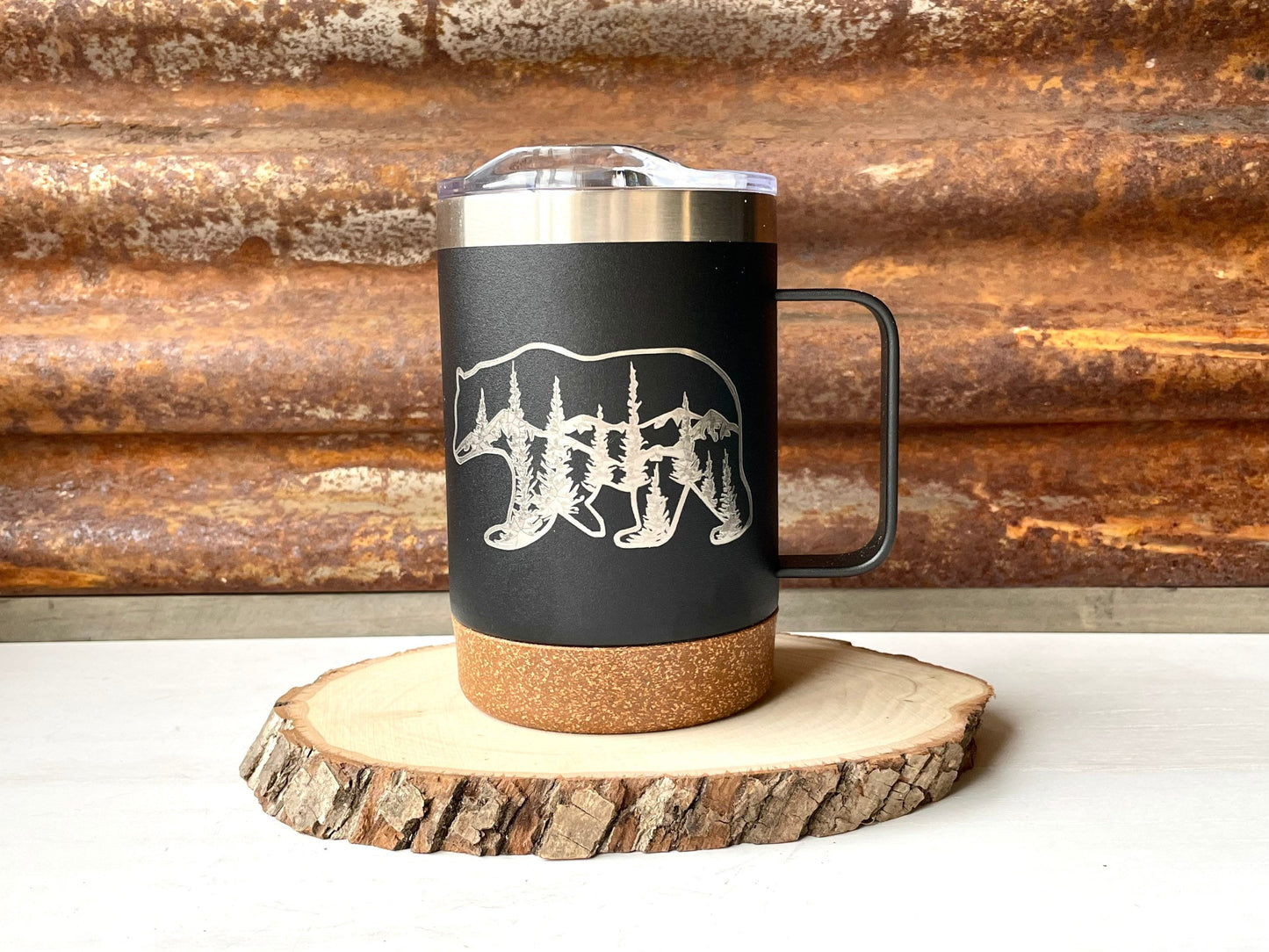 Insulated Cork Bottom Coffee Mug - Bear with mountains and trees etched 16 OZ - Option to Personalize - BLACK