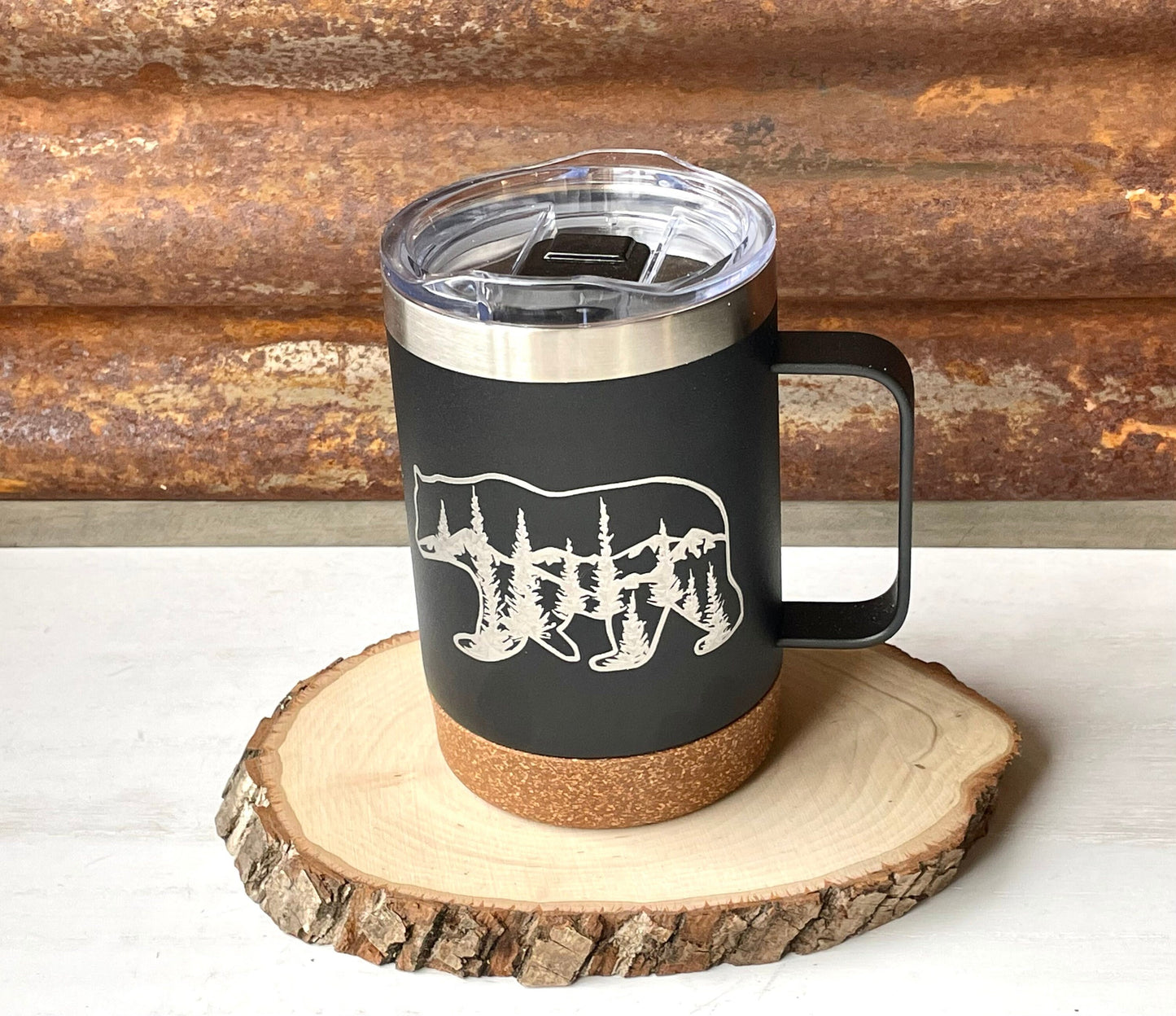 Insulated Cork Bottom Coffee Mug - Bear with mountains and trees etched 16 OZ - Option to Personalize - BLACK