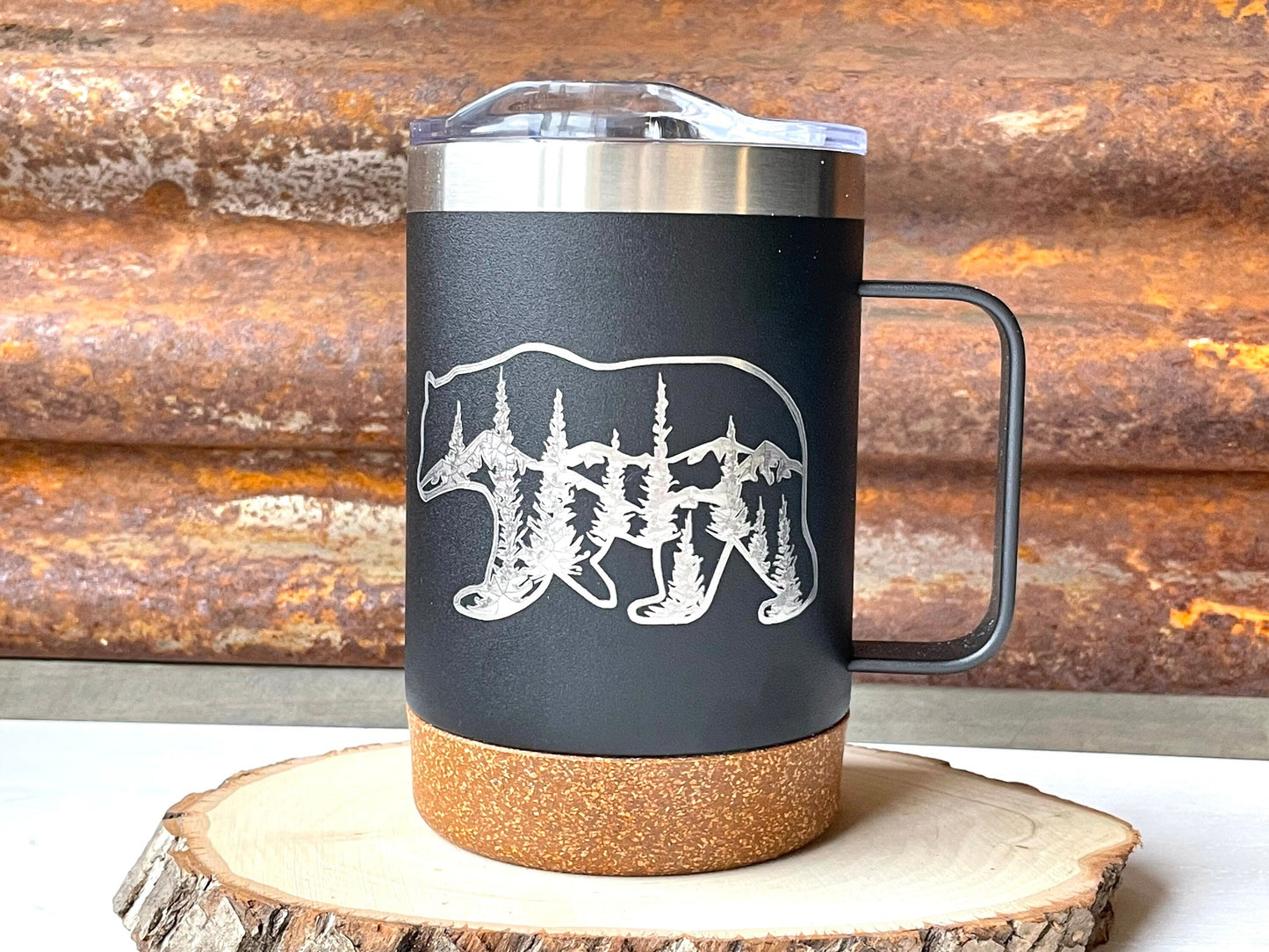 Insulated Cork Bottom Coffee Mug - Bear with mountains and trees etched 16 OZ - Option to Personalize - BLACK