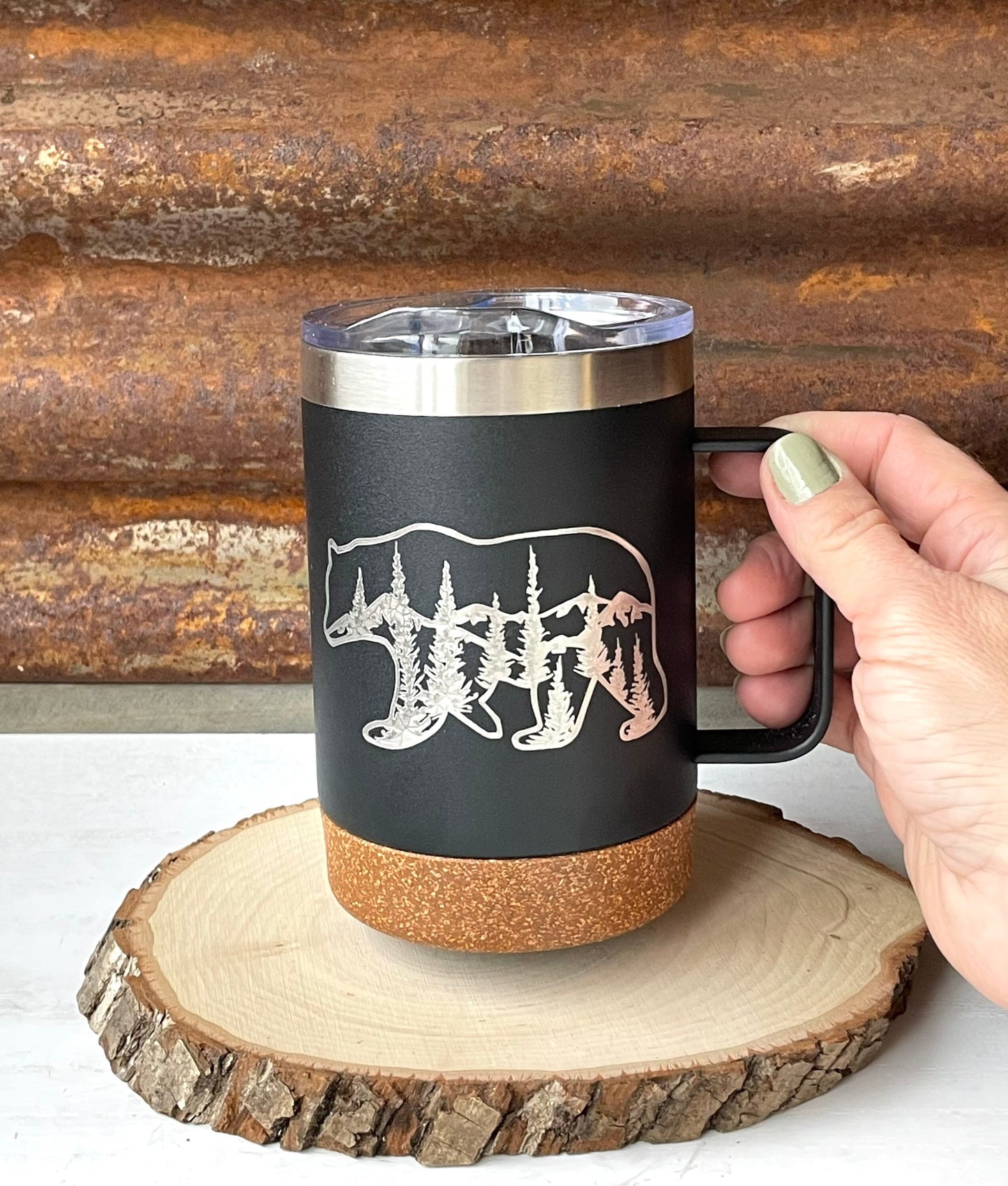 Insulated Cork Bottom Coffee Mug - Bear with mountains and trees etched 16 OZ - Option to Personalize - BLACK